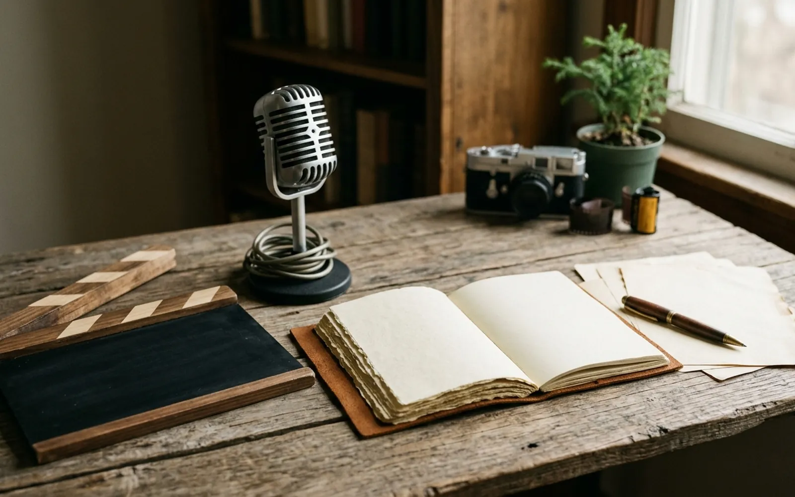 Bureau de créateur avec un micro, un carnet ouvert et une plante, lumière douce