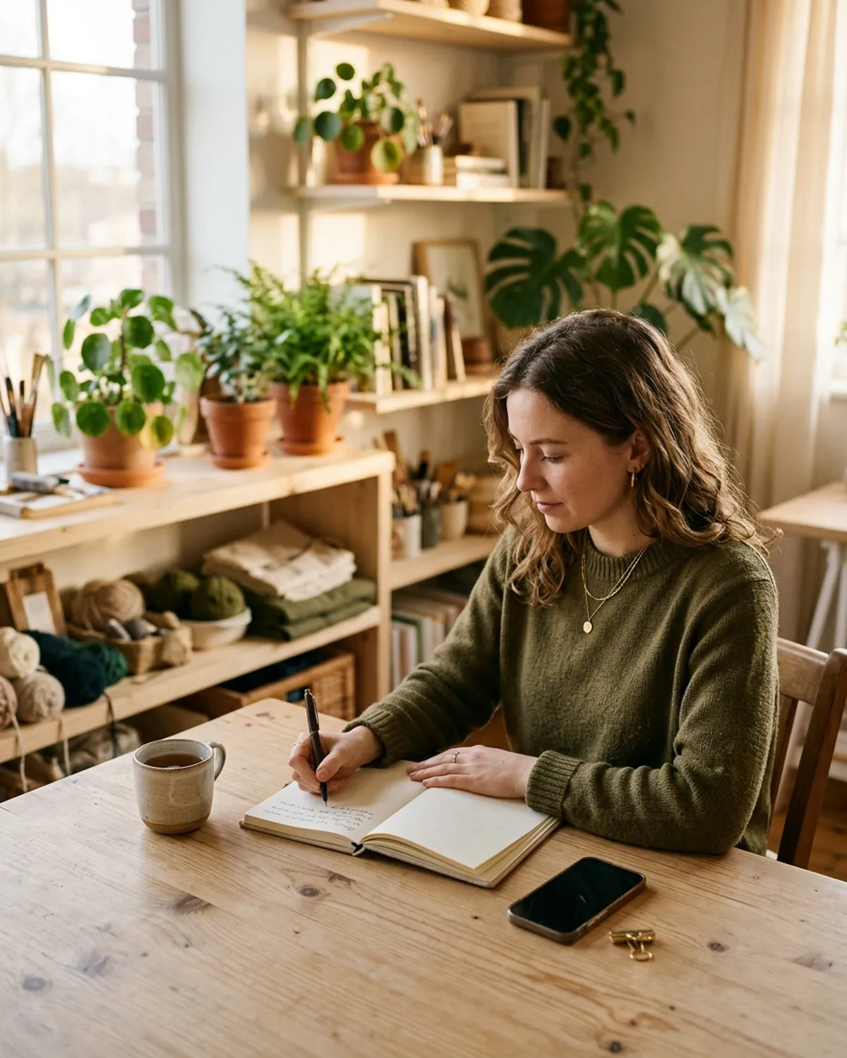 Content creator in a bright studio, notebook open on a wooden table