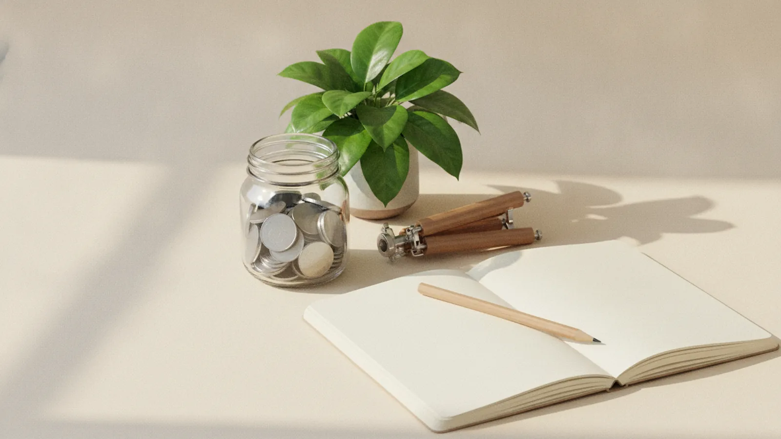 Glass jar filled with coins next to a folded tripod, an open blank notebook and a green plant