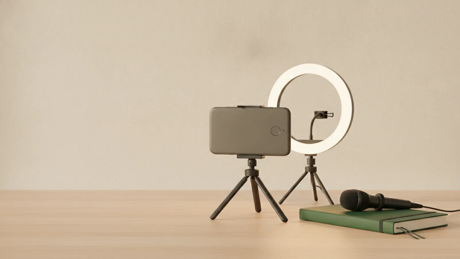 Small tripod holding a phone seen from behind next to a soft ring light and a green notebook on a wooden desk