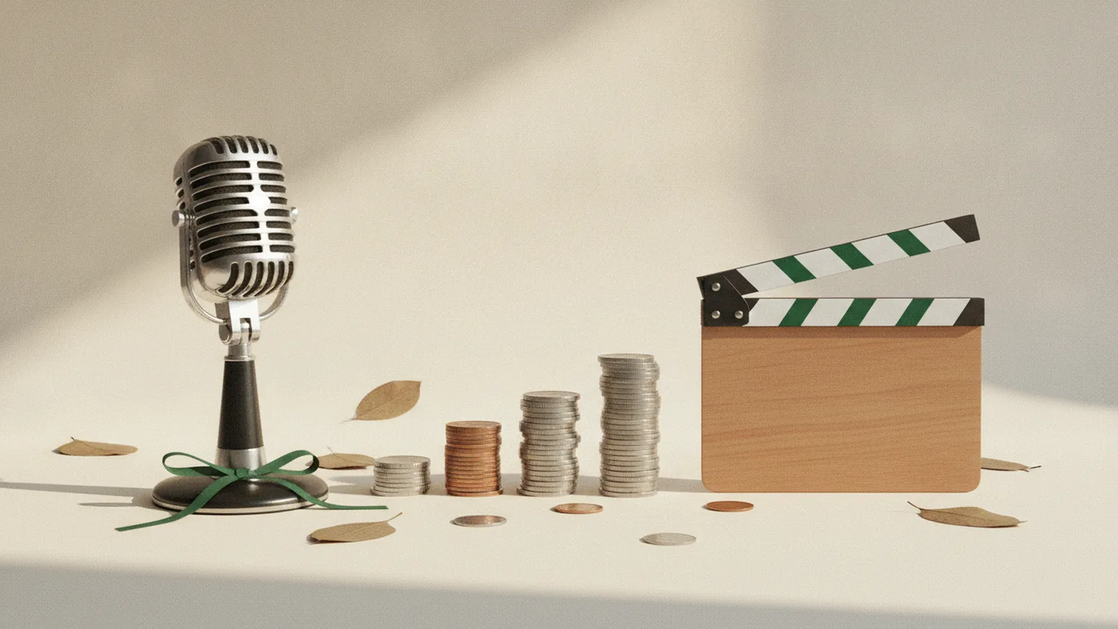 Vintage studio microphone beside stacks of coins growing in height and a wooden film clapperboard