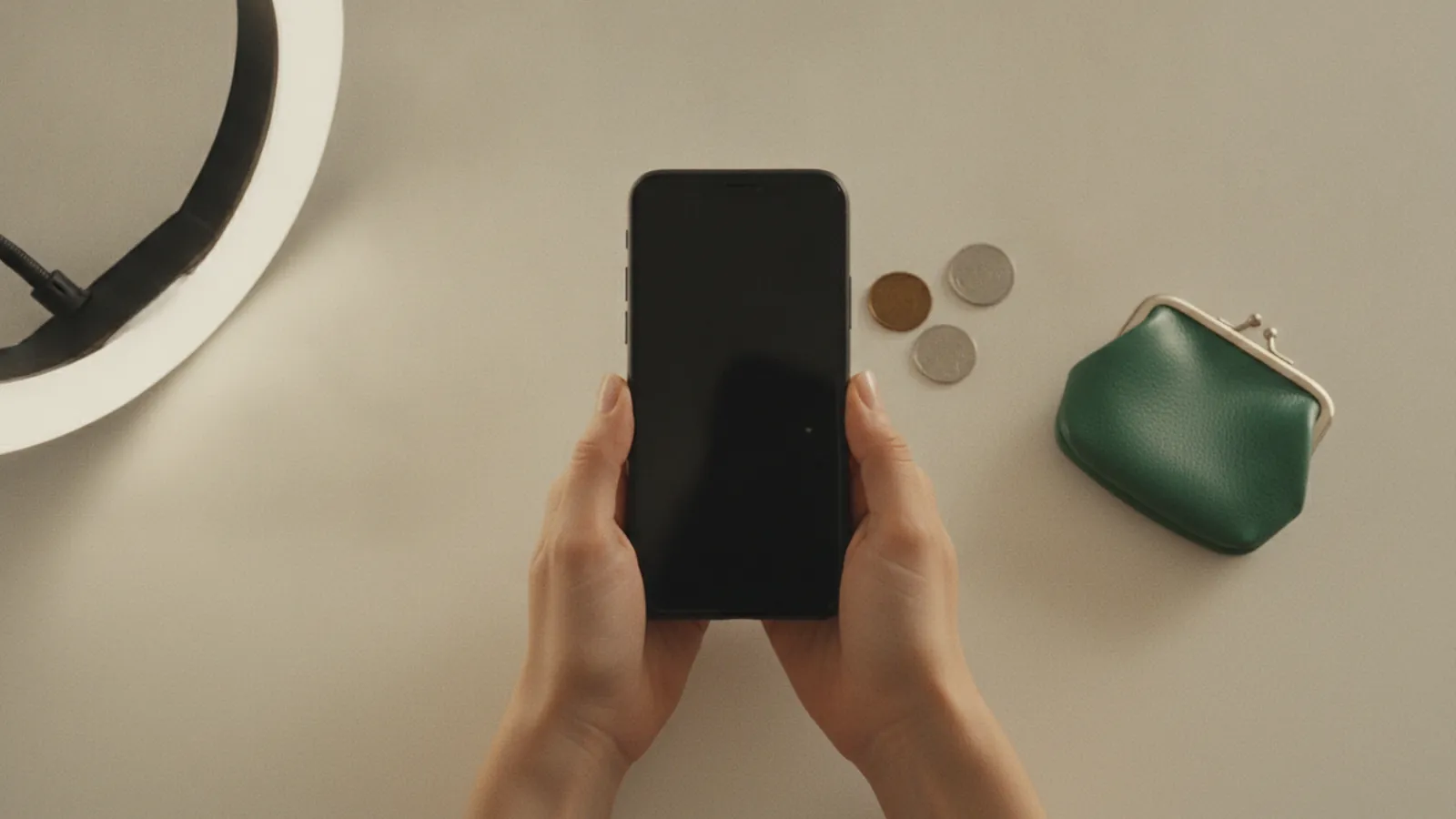 Manos que sostienen un teléfono apagado junto a un aro de luz, un monedero verde y unas monedas