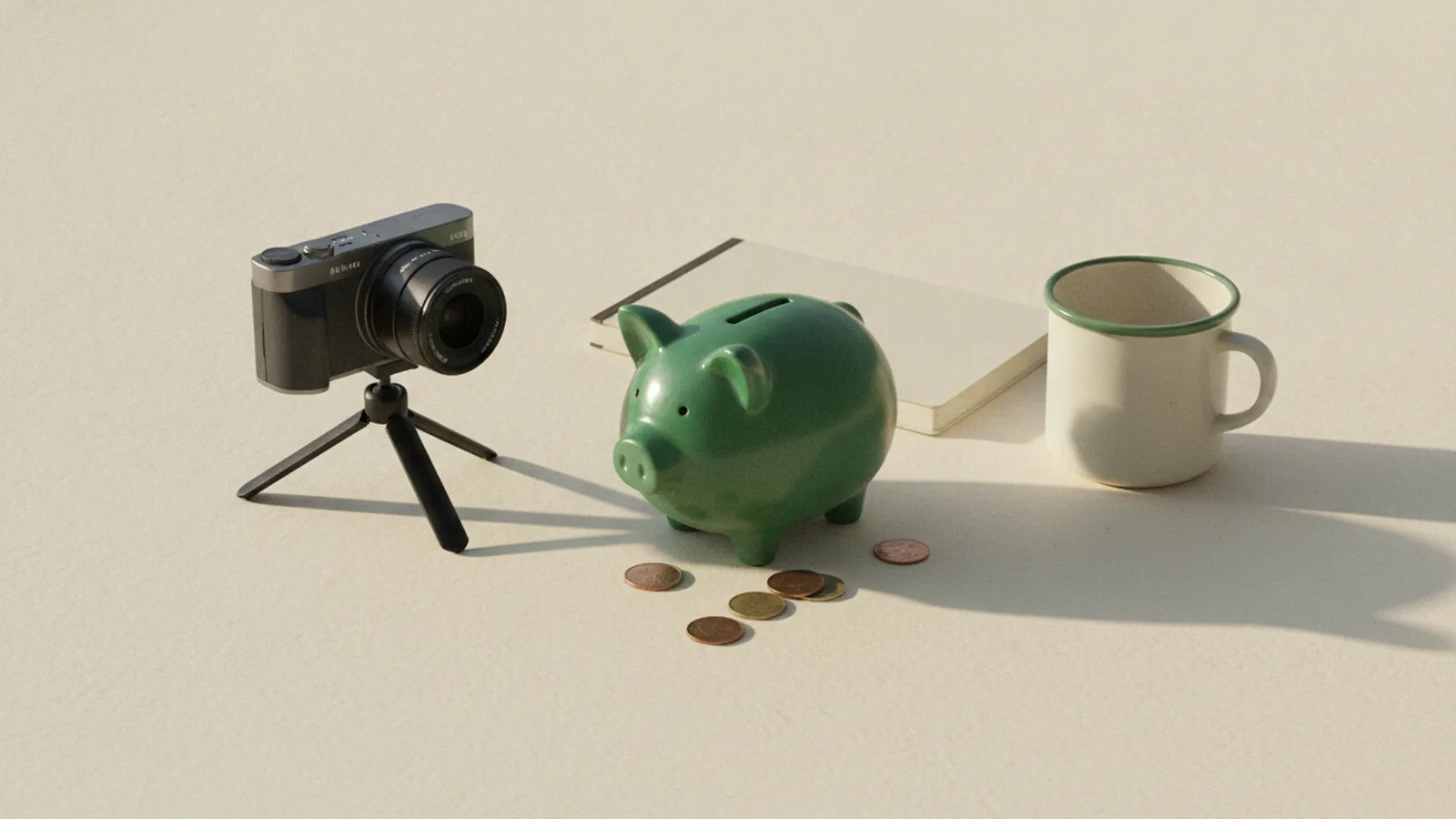 Cámara de video en un trípode pequeño junto a una alcancía verde de cerámica, unas monedas y una taza