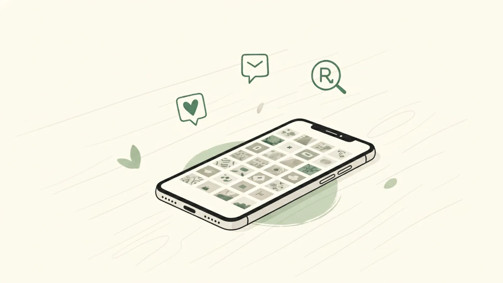 Téléphone affichant un fil Instagram trié, entouré de cœurs, d’une icône de partage et d’une loupe de recommandation sur un bureau clair