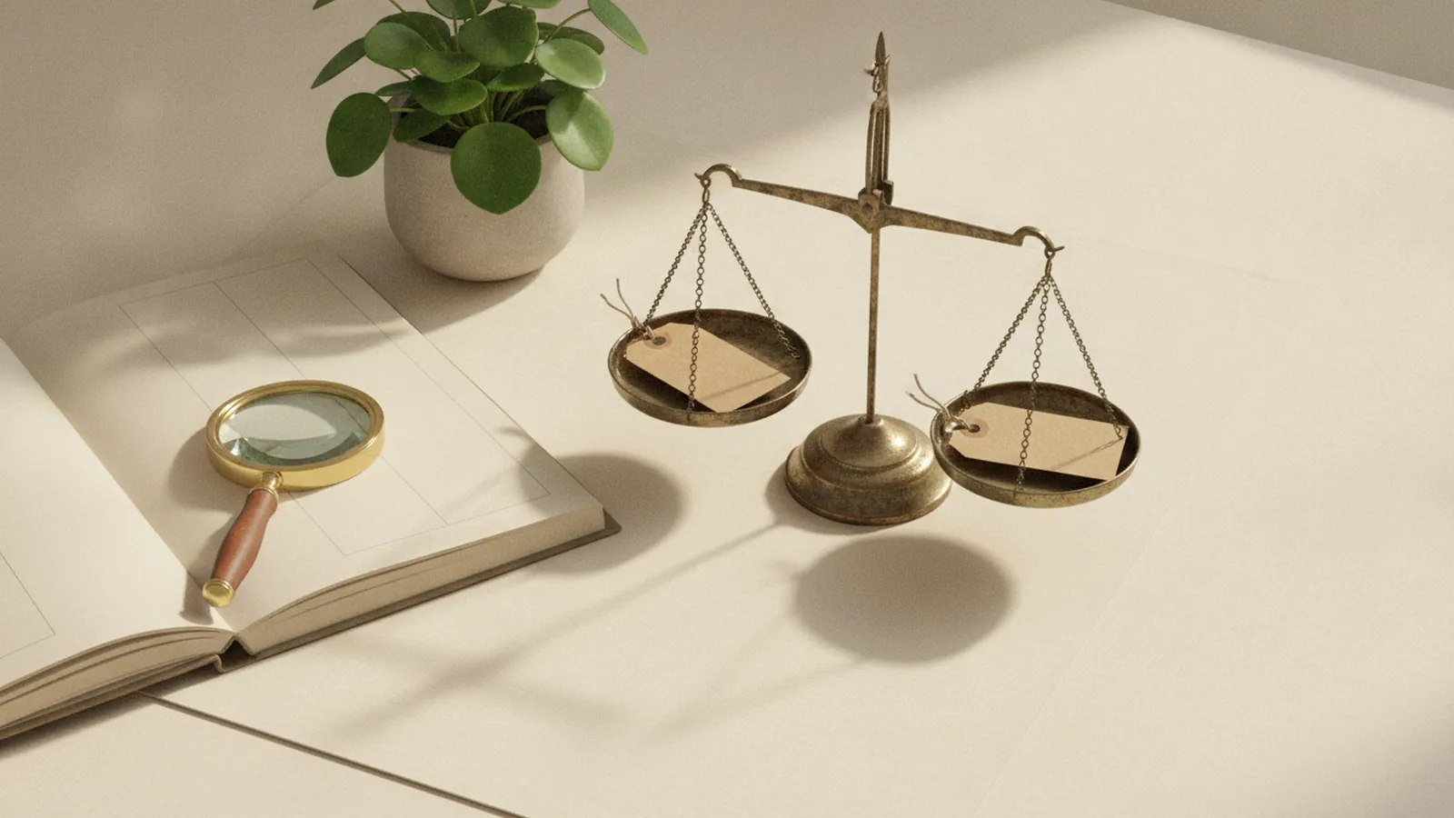 Balance ancienne en laiton avec deux étiquettes de prix vierges, à côté d’un carnet ouvert et d’une loupe