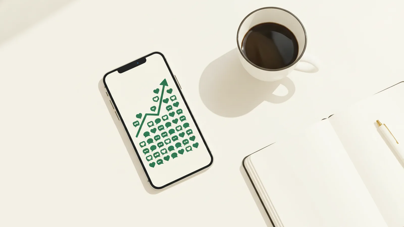 Téléphone affichant une courbe d’engagement Instagram avec des cœurs et des bulles de commentaire posés sur un bureau clair